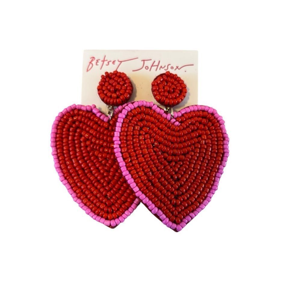 Betsey Johnson Red & Hot Pink Seed Bead Heart Earrings.